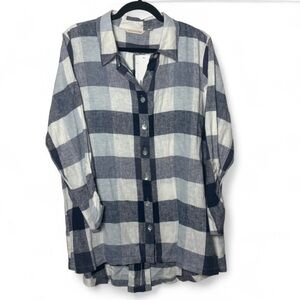 Soft Surroundings Blue White Plaid Linen Blend Shirt Tunic XL NWT